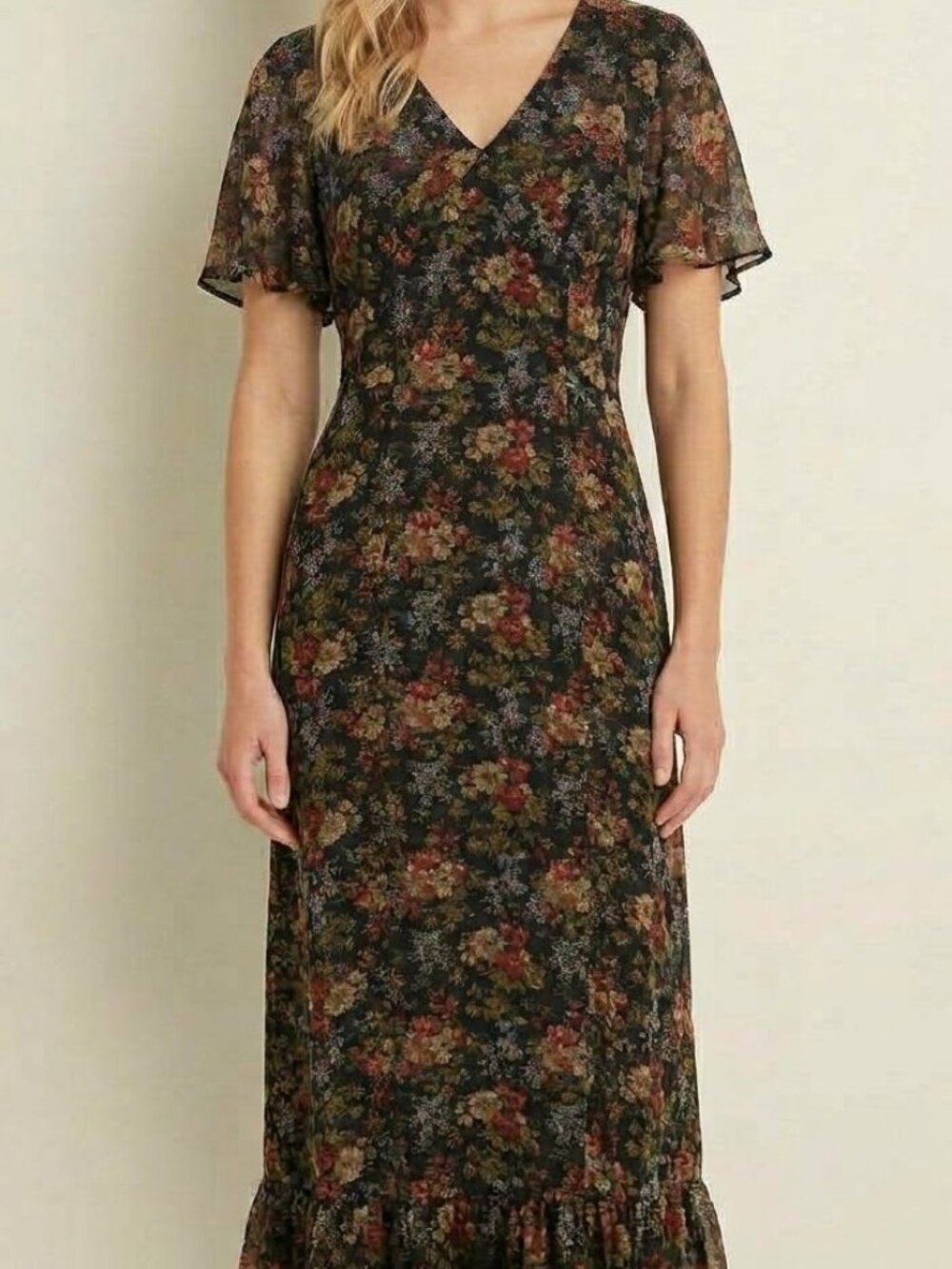 Vintage 90s Karen Alexander Floral Chiffon Maxi Dress Flutter Sleeve USA Made [S